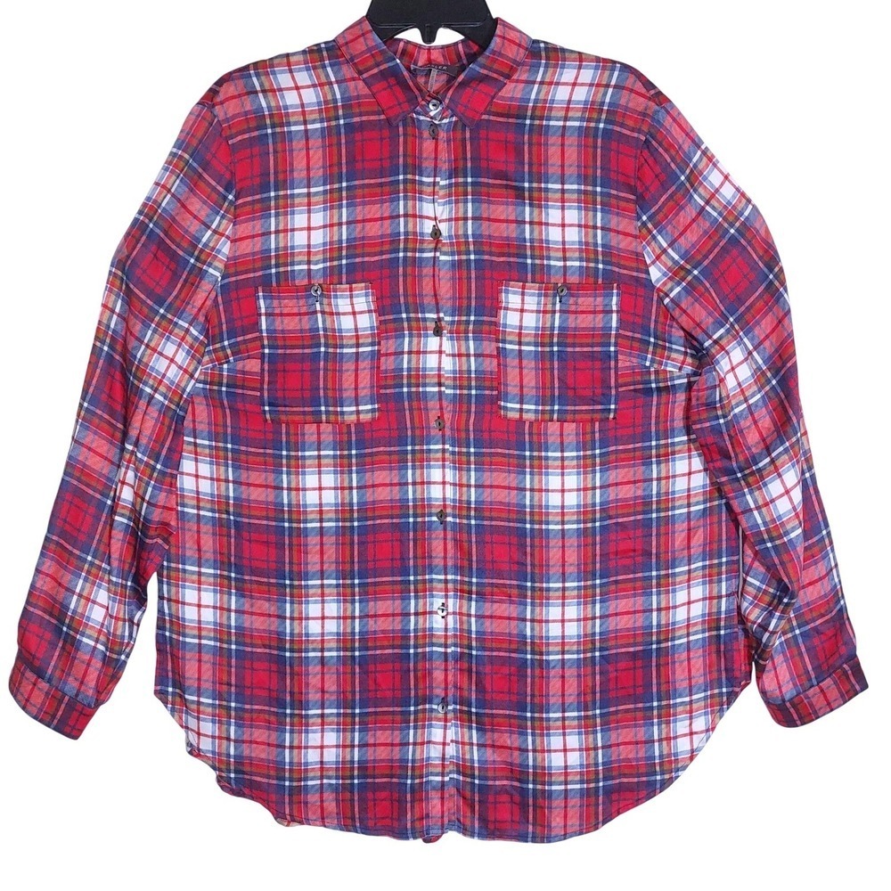 BASLER Women's Soft Red Blue Plaid Long Sleeve Button Up Shirt Comfort EUC - Picture 2 of 8